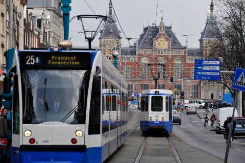 Trams in the center of Amsterdam